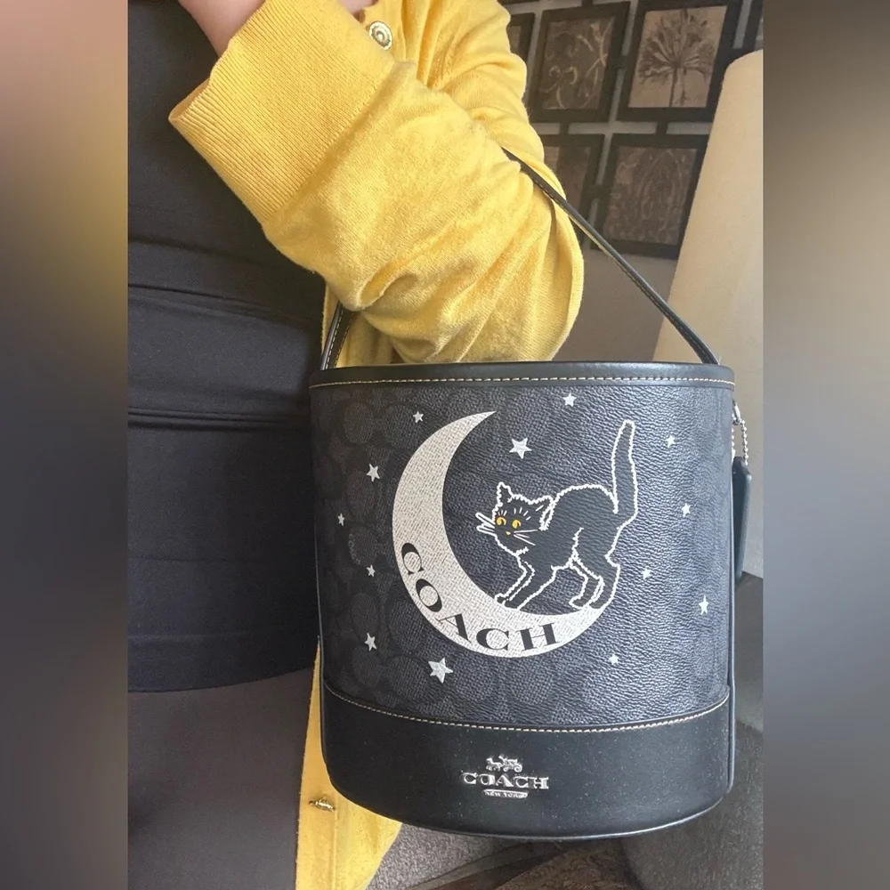 Authentic Coach Signature/Smooth leather w Celestial Cat Design bucket shoulder - Picture 14 of 15